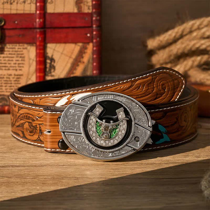 Ceinture en cuir avec boucle de couteau pliant dissimulée, ornée de strass, d'un taureau à cornes allongées et d'un fer à cheval. - Taureau Longhorn et fer à cheval - Ceinture de plumes brunes - 40 - image 7