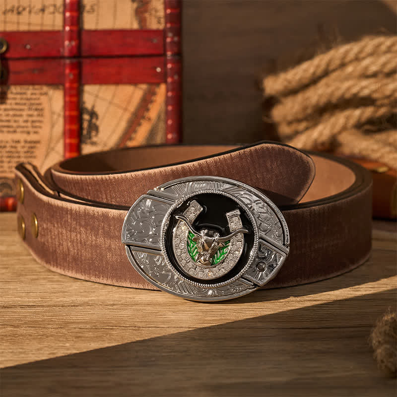 Ceinture en cuir avec boucle de couteau pliant dissimulée, ornée de strass, d'un taureau à cornes allongées et d'un fer à cheval. - Taureau Longhorn et fer à cheval - Ceinture marron vieillie - 42 - image 5