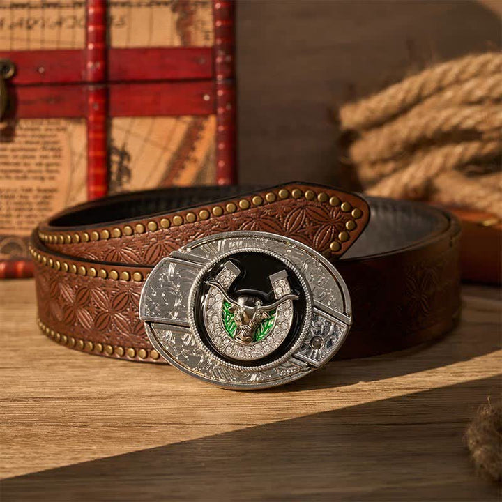 Ceinture en cuir avec boucle de couteau pliant dissimulée, ornée de strass, d'un taureau à cornes allongées et d'un fer à cheval. - Taureau Longhorn et fer à cheval - Ceinture à rivets marron - 42 - image 4