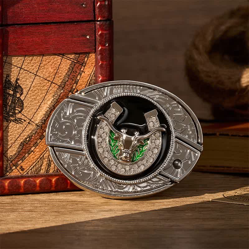 Ceinture en cuir avec boucle de couteau pliant dissimulée, ornée de strass, d'un taureau à cornes allongées et d'un fer à cheval. - Taureau Longhorn et fer à cheval - Sans ceinture - Ceinture non incluse - image 0