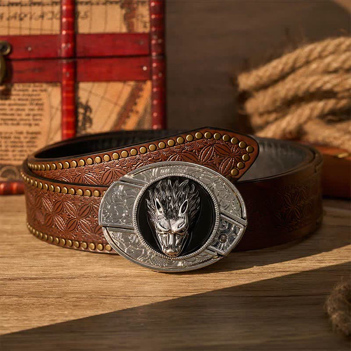 Ceinture en cuir avec boucle de couteau pliant caché Western Lone Wolf DIY - Loup - Ceinture à rivets marron - 42 - image 4