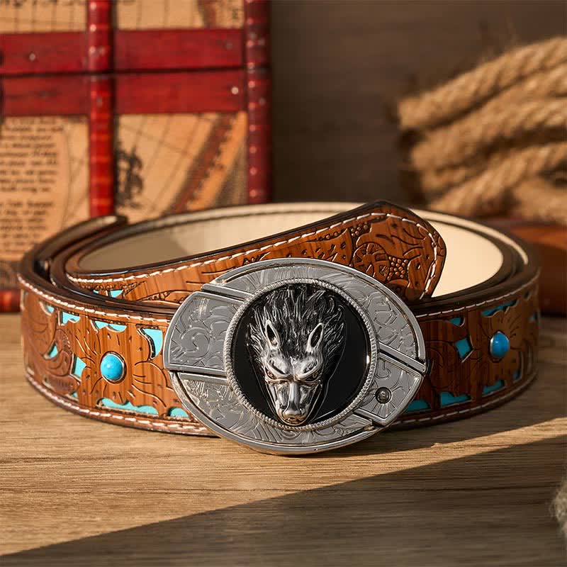 Ceinture en cuir avec boucle de couteau pliant caché Western Lone Wolf DIY - Loup - Ceinture turquoise sculptée - 42 - image 3