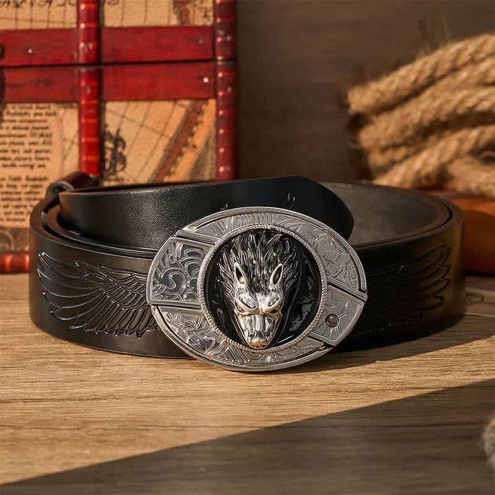 Ceinture en cuir avec boucle de couteau pliant caché Western Lone Wolf DIY - Loup - Ceinture noire à motif aigle en relief - 42 - image 2