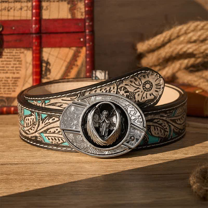 Ceinture en cuir avec boucle de couteau pliant dissimulé, motif ange gardien gothique en prière - Ange gardien - Ceinture à fleurs grises - 42 - image 8
