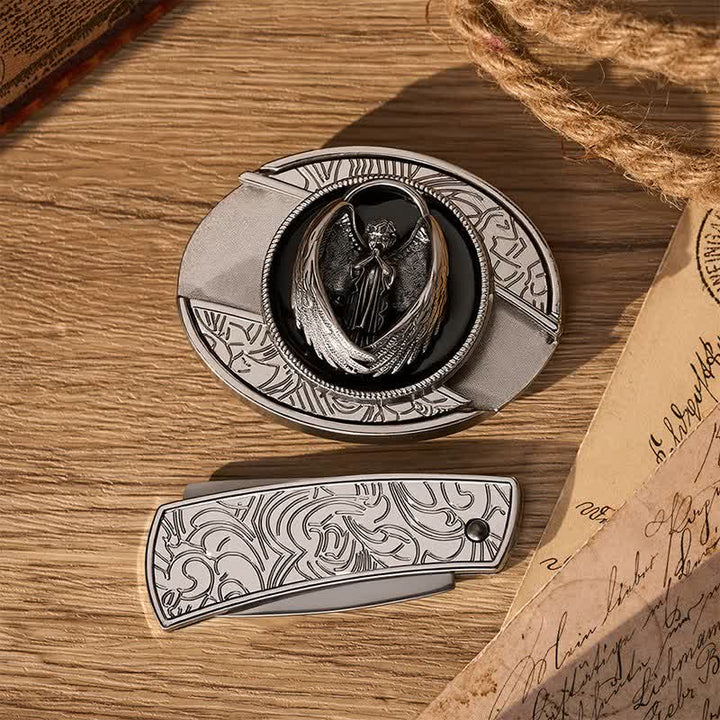 Ceinture en cuir avec boucle de couteau pliant dissimulé, motif ange gardien gothique en prière - image 10