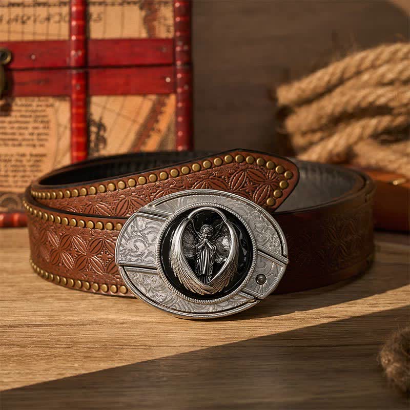 Ceinture en cuir avec boucle de couteau pliant dissimulé, motif ange gardien gothique en prière - Ange gardien - Ceinture à rivets marron - 42 - image 4