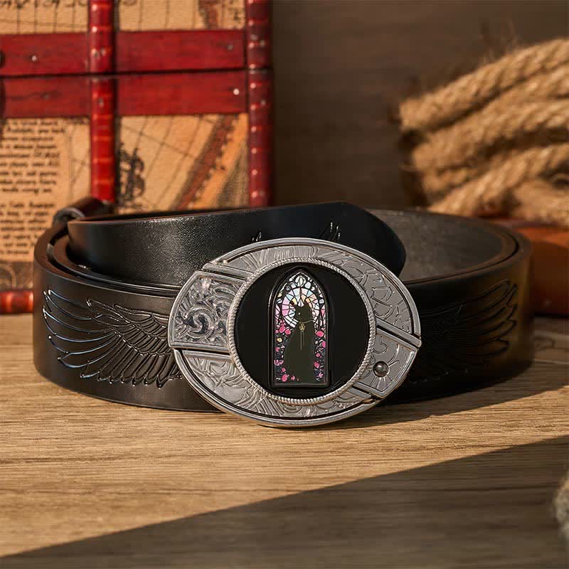 Ceinture en cuir avec boucle de couteau pliant caché « Witching Hour Black Cat DIY » - Chat sorcier - Ceinture noire à motif aigle en relief - 42 - image 2