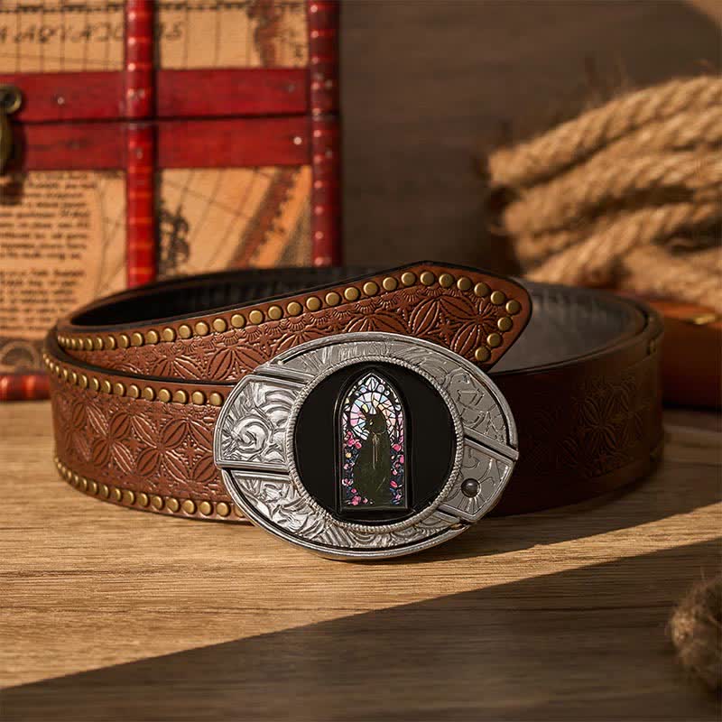 Ceinture en cuir avec boucle de couteau pliant caché « Witching Hour Black Cat DIY » - Chat sorcier - Ceinture à rivets marron - 42 - image 4