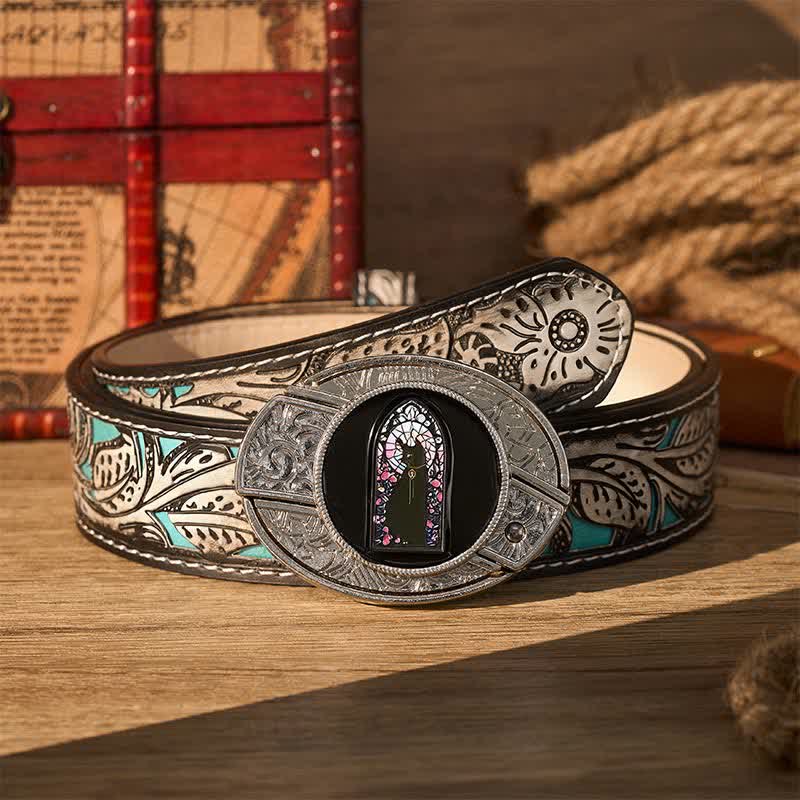 Ceinture en cuir avec boucle de couteau pliant caché « Witching Hour Black Cat DIY » - Chat sorcier - Ceinture à fleurs grises - 42 - image 8