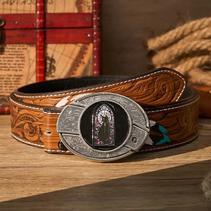 Ceinture en cuir avec boucle de couteau pliant caché « Witching Hour Black Cat DIY » - Chat sorcier - Ceinture de plumes brunes - 40 - image 7