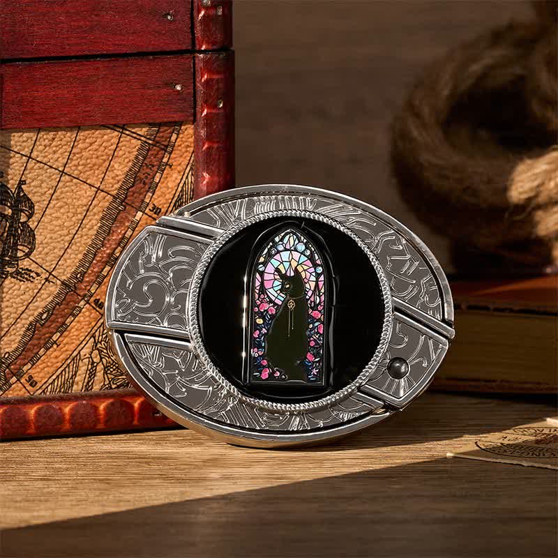 Ceinture en cuir avec boucle de couteau pliant caché « Witching Hour Black Cat DIY » - Chat sorcier - Sans ceinture - Ceinture non incluse - image 0