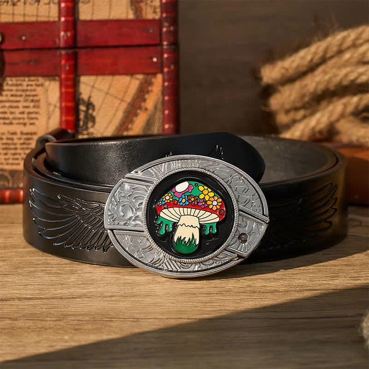 Ceinture en cuir avec boucle de couteau pliant caché, motif champignon hippie coloré, à faire soi-même - Champignon coloré - Ceinture noire à motif aigle en relief - 42 - image 2