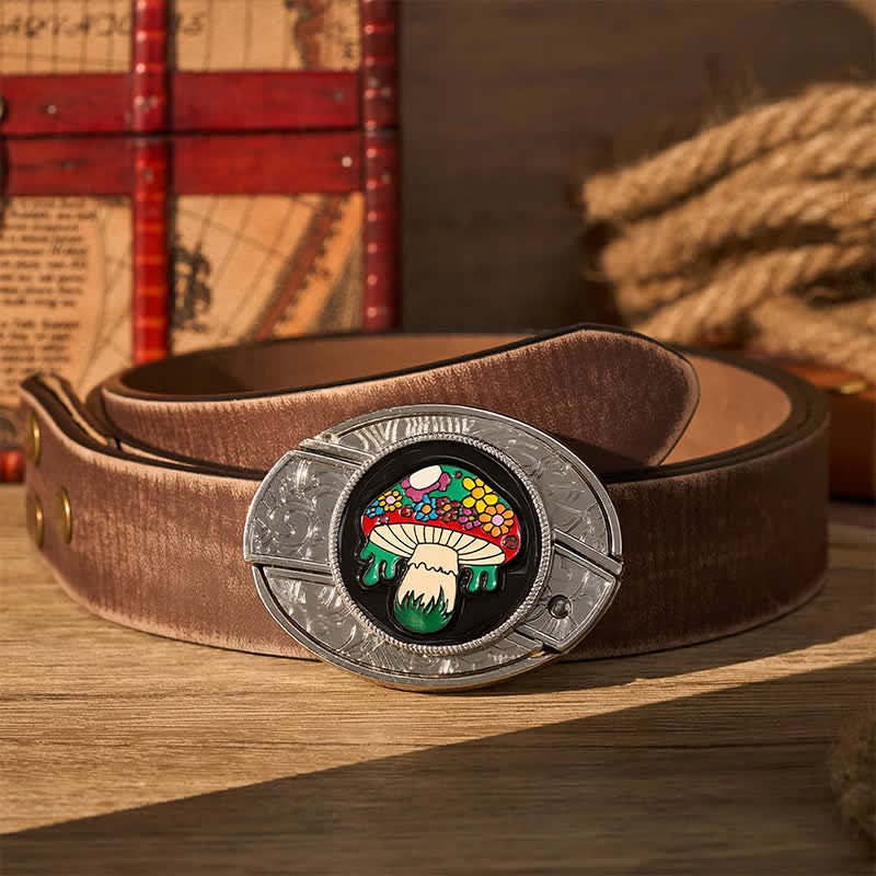 Ceinture en cuir avec boucle de couteau pliant caché, motif champignon hippie coloré, à faire soi-même - Champignon coloré - Ceinture marron vieillie - 42 - image 5