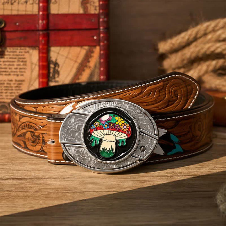 Ceinture en cuir avec boucle de couteau pliant caché, motif champignon hippie coloré, à faire soi-même - Champignon coloré - Ceinture de plumes brunes - 40 - image 7