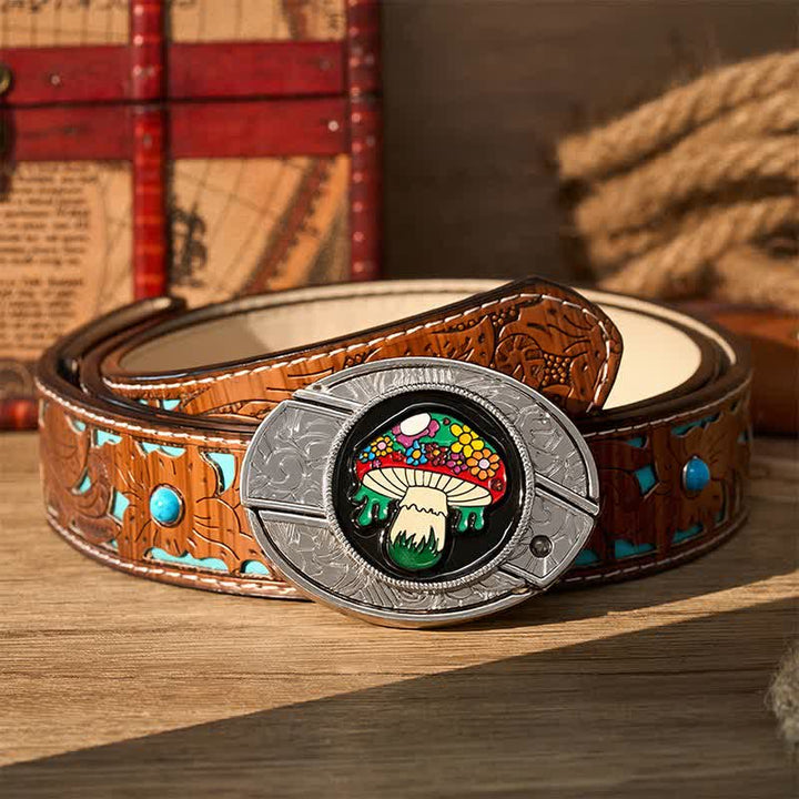 Ceinture en cuir avec boucle de couteau pliant caché, motif champignon hippie coloré, à faire soi-même - Champignon coloré - Ceinture turquoise sculptée - 42 - image 3