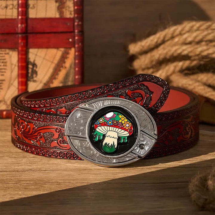 Ceinture en cuir avec boucle de couteau pliant caché, motif champignon hippie coloré, à faire soi-même - Champignon coloré - Ceinture sculptée marron - 42 - image 6