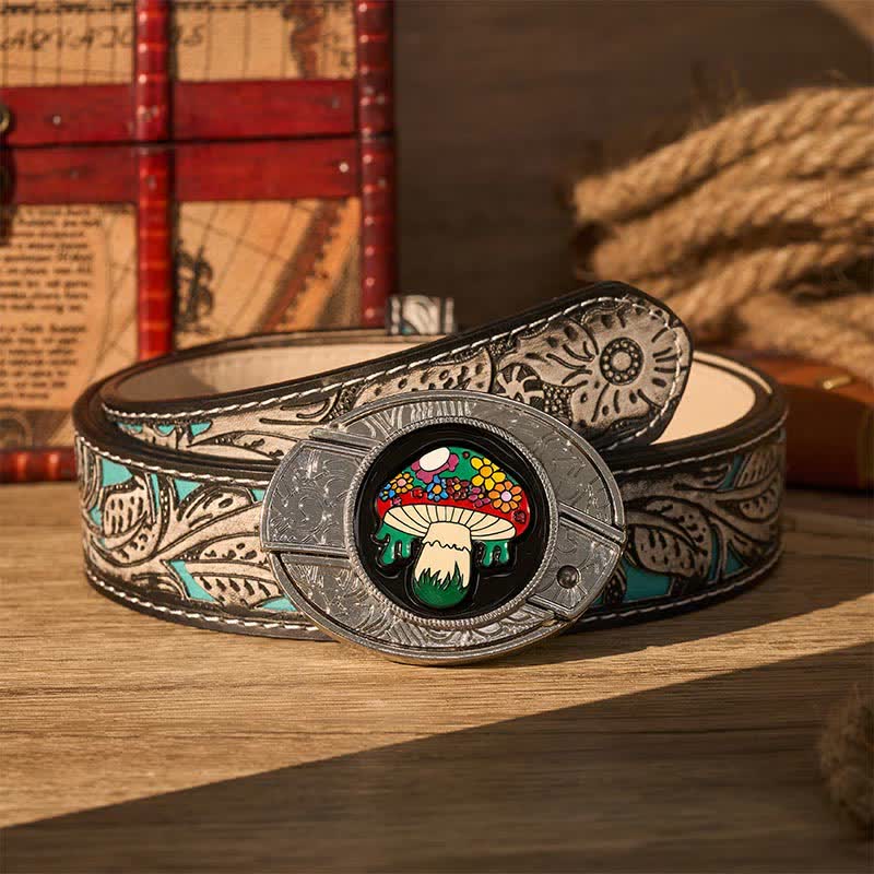 Ceinture en cuir avec boucle de couteau pliant caché, motif champignon hippie coloré, à faire soi-même - Champignon coloré - Ceinture à fleurs grises - 42 - image 8