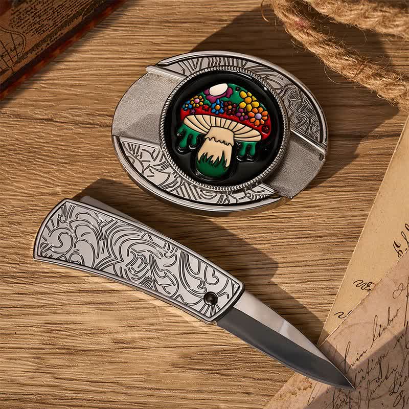 Ceinture en cuir avec boucle de couteau pliant caché, motif champignon hippie coloré, à faire soi-même - image 1