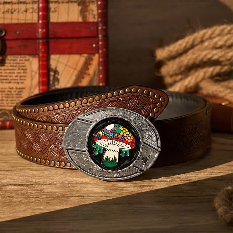 Ceinture en cuir avec boucle de couteau pliant caché, motif champignon hippie coloré, à faire soi-même - Champignon coloré - Ceinture à rivets marron - 42 - image 4
