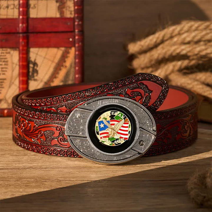 Ceinture en cuir avec boucle de couteau pliant dissimulé, motif drapeau américain camouflage aigle - Aigle et drapeau camouflage - Ceinture sculptée marron - 42 - image 6