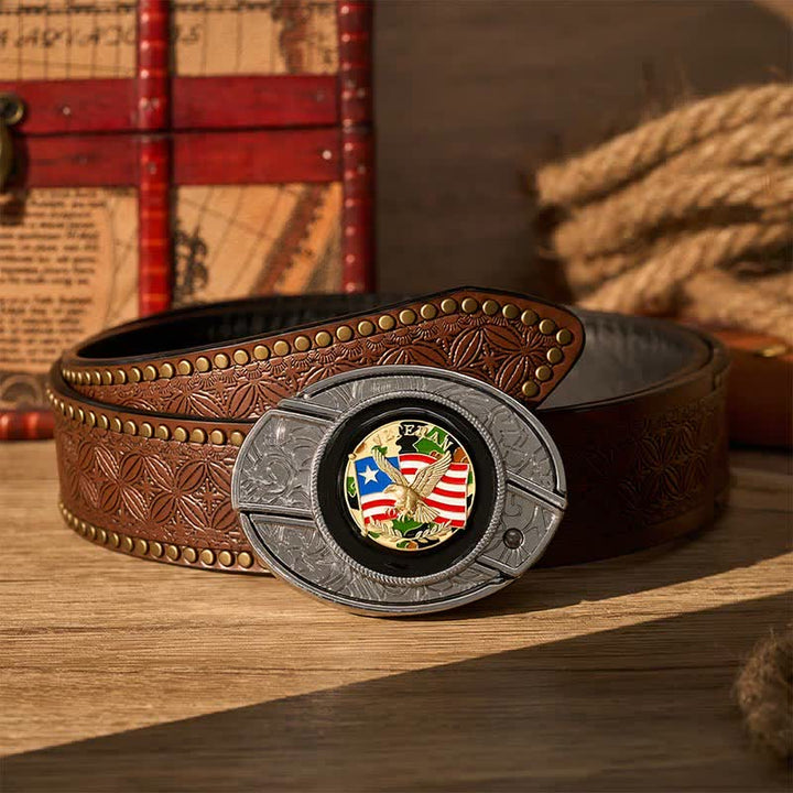Ceinture en cuir avec boucle de couteau pliant dissimulé, motif drapeau américain camouflage aigle - Aigle et drapeau camouflage - Ceinture à rivets marron - 42 - image 4