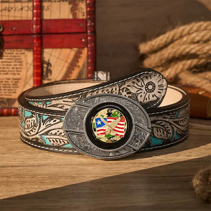 Ceinture en cuir avec boucle de couteau pliant dissimulé, motif drapeau américain camouflage aigle - Aigle et drapeau camouflage - Ceinture à fleurs grises - 42 - image 8