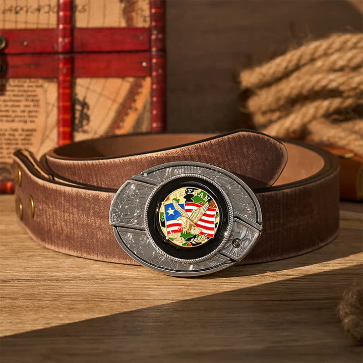 Ceinture en cuir avec boucle de couteau pliant dissimulé, motif drapeau américain camouflage aigle - Aigle et drapeau camouflage - Ceinture marron vieillie - 42 - image 5