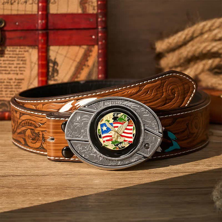 Ceinture en cuir avec boucle de couteau pliant dissimulé, motif drapeau américain camouflage aigle - Aigle et drapeau camouflage - Ceinture de plumes brunes - 40 - image 7