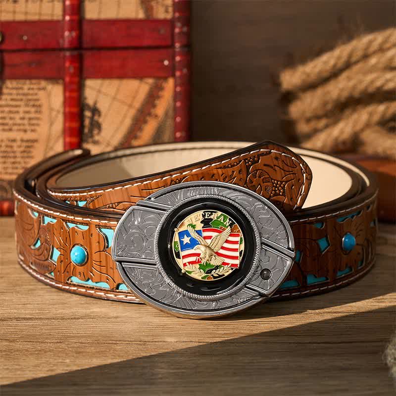 Ceinture en cuir avec boucle de couteau pliant dissimulé, motif drapeau américain camouflage aigle - Aigle et drapeau camouflage - Ceinture turquoise sculptée - 42 - image 3