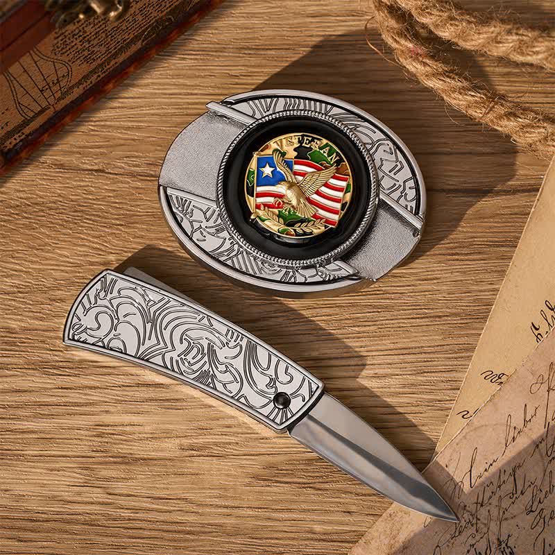 Ceinture en cuir avec boucle de couteau pliant dissimulé, motif drapeau américain camouflage aigle - image 1