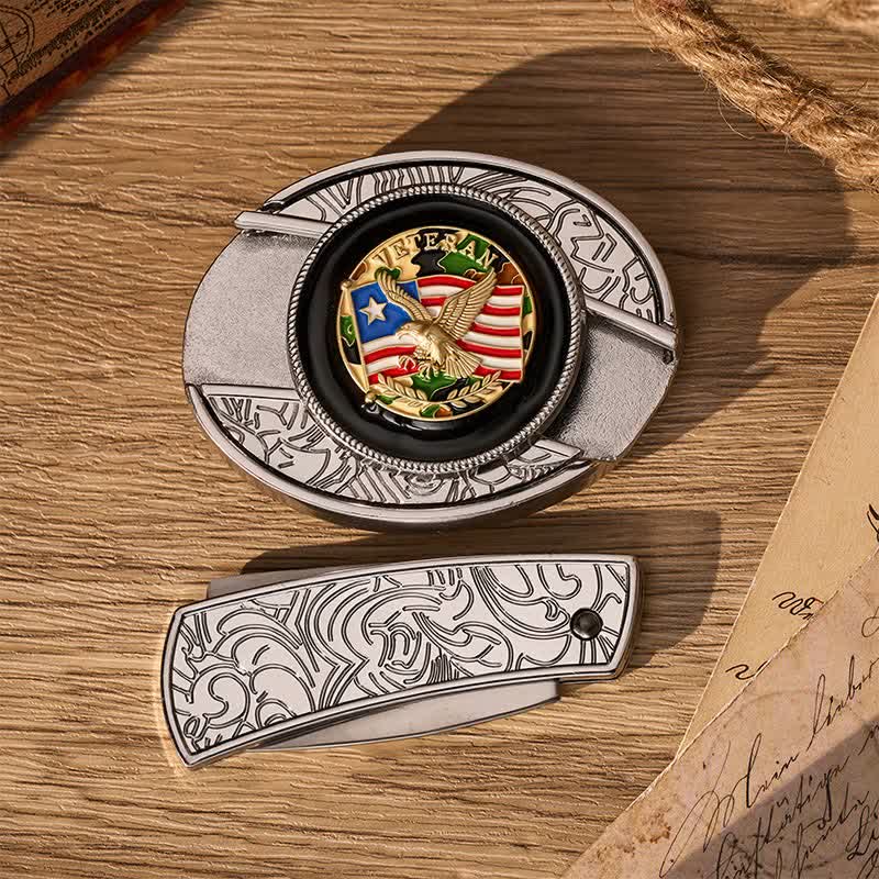 Ceinture en cuir avec boucle de couteau pliant dissimulé, motif drapeau américain camouflage aigle - image 9