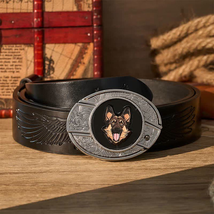 Ceinture en cuir avec boucle de couteau pliant dissimulé pour berger allemand - Berger allemand - Ceinture noire à motif aigle en relief - 42 - image 2