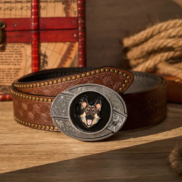 Ceinture en cuir avec boucle de couteau pliant dissimulé pour berger allemand - Berger allemand - Ceinture à rivets marron - 42 - image 4