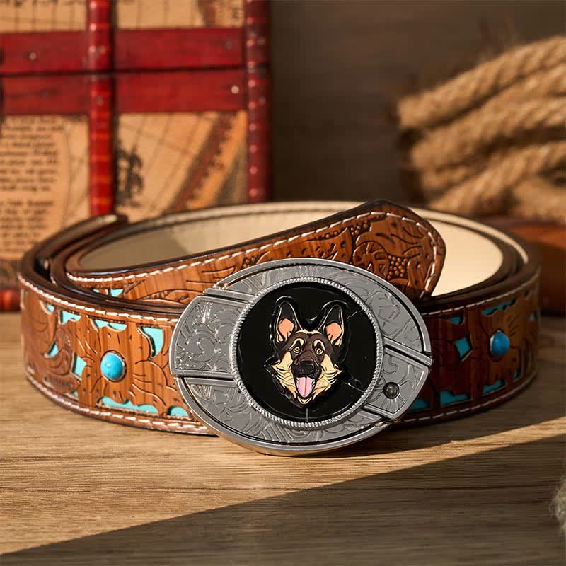 Ceinture en cuir avec boucle de couteau pliant dissimulé pour berger allemand - Berger allemand - Ceinture turquoise sculptée - 42 - image 3