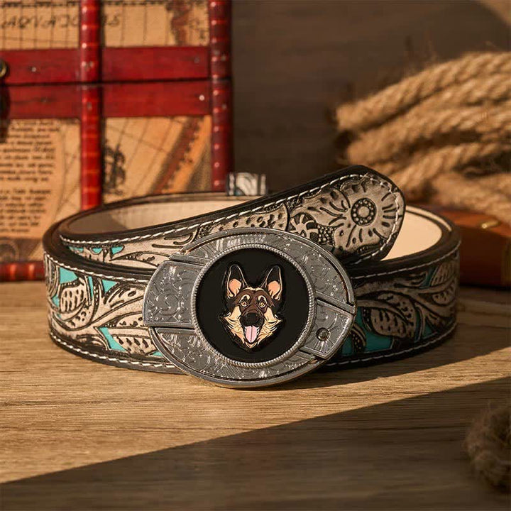 Ceinture en cuir avec boucle de couteau pliant dissimulé pour berger allemand - Berger allemand - Ceinture à fleurs grises - 42 - image 8