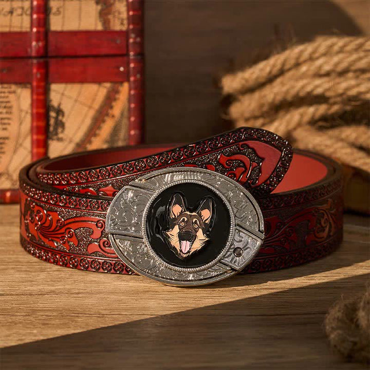 Ceinture en cuir avec boucle de couteau pliant dissimulé pour berger allemand - Berger allemand - Ceinture sculptée marron - 42 - image 6