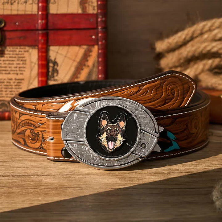 Ceinture en cuir avec boucle de couteau pliant dissimulé pour berger allemand - Berger allemand - Ceinture de plumes brunes - 40 - image 7