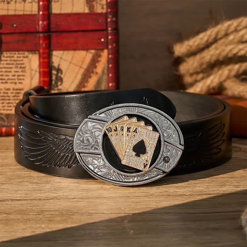 Ceinture en cuir avec boucle de couteau pliant caché style cowboy brillant Royal Flush et boucle de couteau pliant à faire soi-même - Quinte royale dorée - Ceinture noire à motif aigle en relief - 42 - image 2