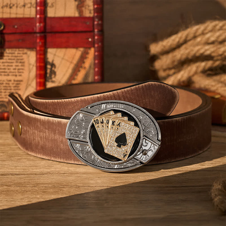 Ceinture en cuir avec boucle de couteau pliant caché style cowboy brillant Royal Flush et boucle de couteau pliant à faire soi-même - Quinte royale dorée - Ceinture marron vieillie - 42 - image 5