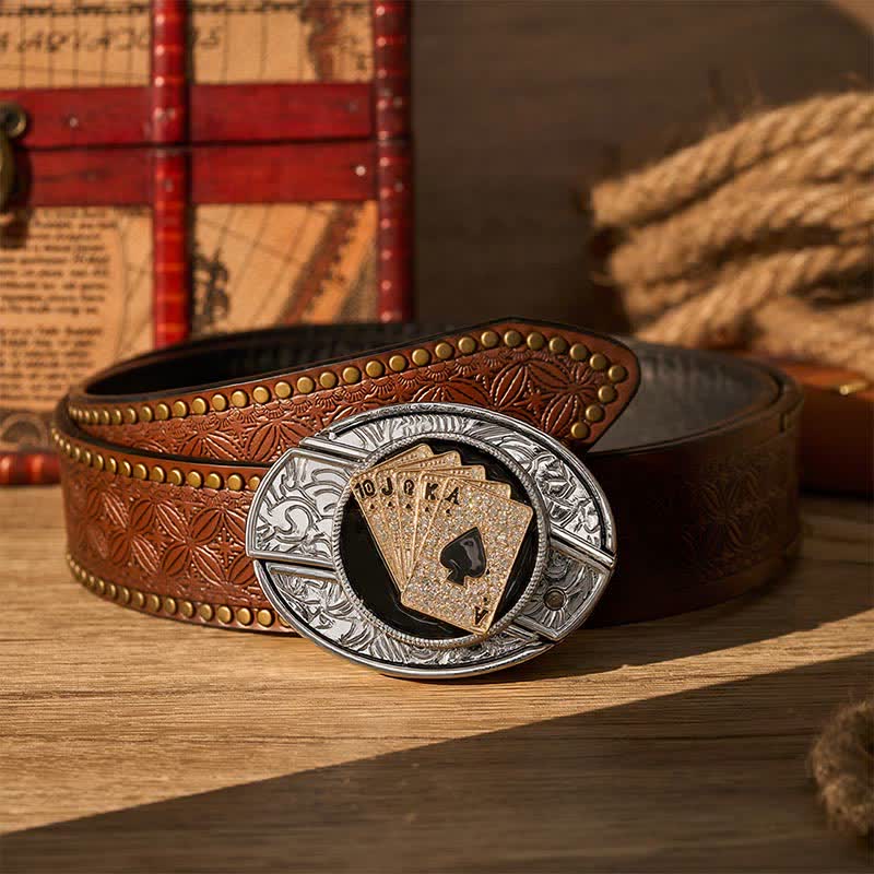 Ceinture en cuir avec boucle de couteau pliant caché style cowboy brillant Royal Flush et boucle de couteau pliant à faire soi-même - Quinte royale dorée - Ceinture à rivets marron - 42 - image 4