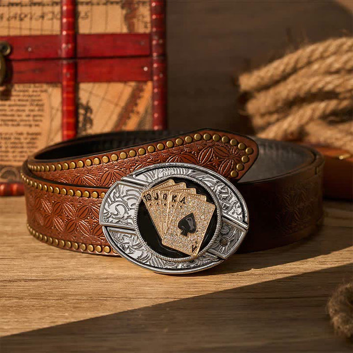 Ceinture en cuir avec boucle de couteau pliant caché style cowboy brillant Royal Flush et boucle de couteau pliant à faire soi-même - Quinte royale dorée - Ceinture à rivets marron - 42 - image 4