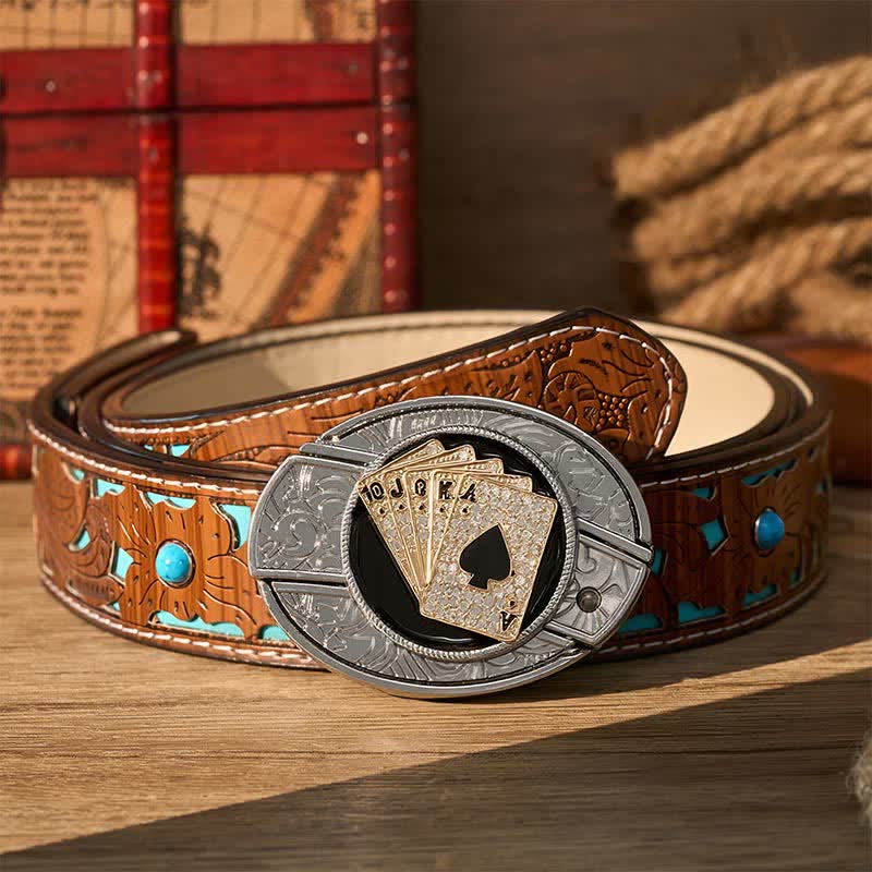 Ceinture en cuir avec boucle de couteau pliant caché style cowboy brillant Royal Flush et boucle de couteau pliant à faire soi-même - Quinte royale dorée - Ceinture turquoise sculptée - 42 - image 3