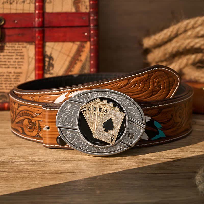 Ceinture en cuir avec boucle de couteau pliant caché style cowboy brillant Royal Flush et boucle de couteau pliant à faire soi-même - Quinte royale dorée - Ceinture de plumes brunes - 40 - image 7