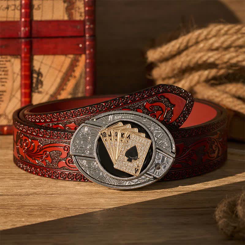 Ceinture en cuir avec boucle de couteau pliant caché style cowboy brillant Royal Flush et boucle de couteau pliant à faire soi-même - Quinte royale dorée - Ceinture sculptée marron - 42 - image 6