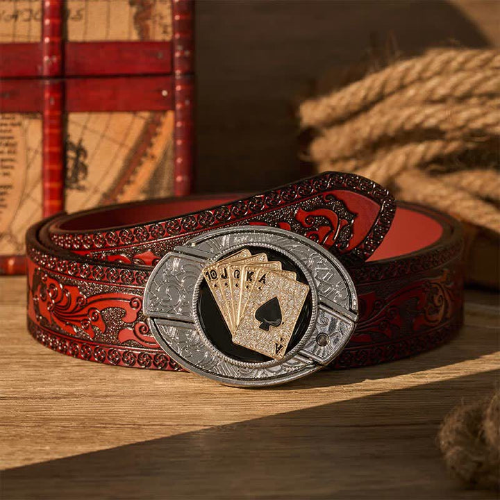 Ceinture en cuir avec boucle de couteau pliant caché style cowboy brillant Royal Flush et boucle de couteau pliant à faire soi-même - Quinte royale dorée - Ceinture sculptée marron - 42 - image 6