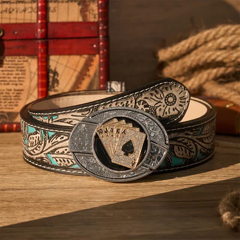Ceinture en cuir avec boucle de couteau pliant caché style cowboy brillant Royal Flush et boucle de couteau pliant à faire soi-même - Quinte royale dorée - Ceinture à fleurs grises - 42 - image 8