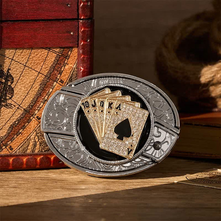 Ceinture en cuir avec boucle de couteau pliant caché style cowboy brillant Royal Flush et boucle de couteau pliant à faire soi-même - Quinte royale dorée - Sans ceinture - Ceinture non incluse - image 0