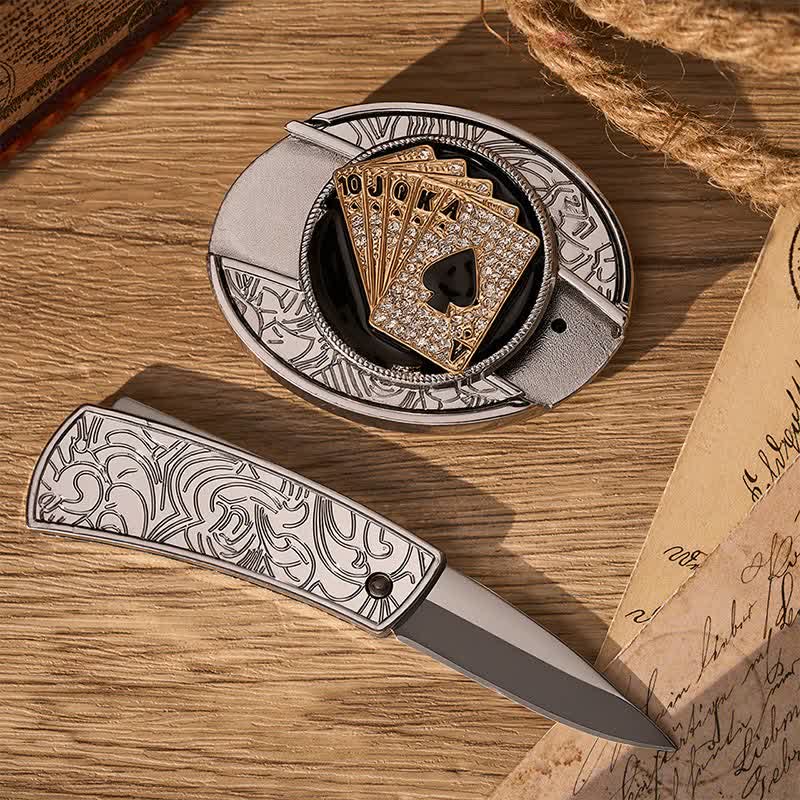 Ceinture en cuir avec boucle de couteau pliant caché style cowboy brillant Royal Flush et boucle de couteau pliant à faire soi-même - image 1
