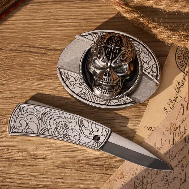 Ceinture en cuir avec boucle de couteau pliant dissimulé, style gothique baroque et crâne, à faire soi-même. - image 1
