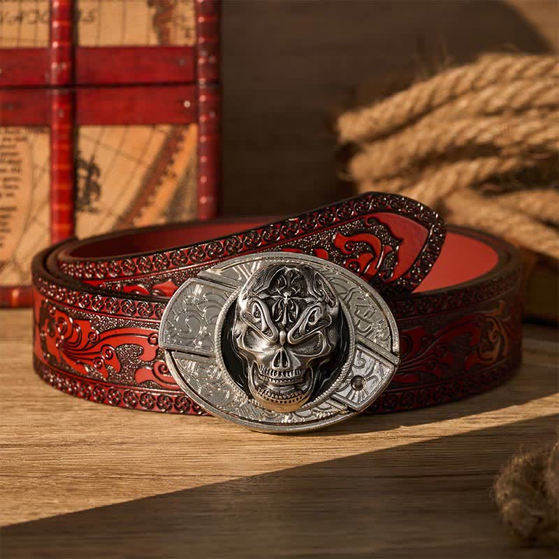 Ceinture en cuir avec boucle de couteau pliant dissimulé, style gothique baroque et crâne, à faire soi-même. - Crâne baroque - Ceinture sculptée marron - 42 - image 6